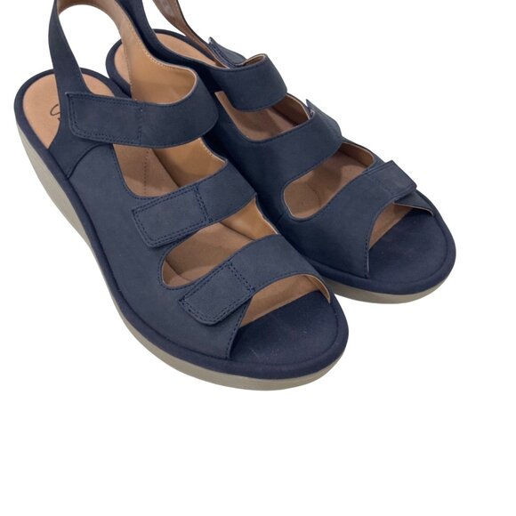 Clarks Navy Blue Nubuck Adjustable Strap Wedge Sandals Women Size 9.5M Comfort - Picture 10 of 14